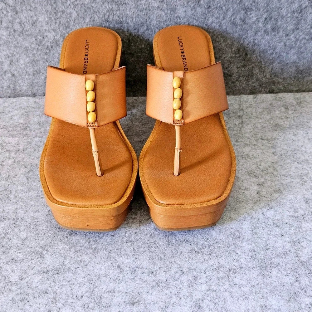 Lucky Brand Womens Tan Leather Beaded Thong Platform Block Heel Sandals Size 9M - Picture 3 of 10